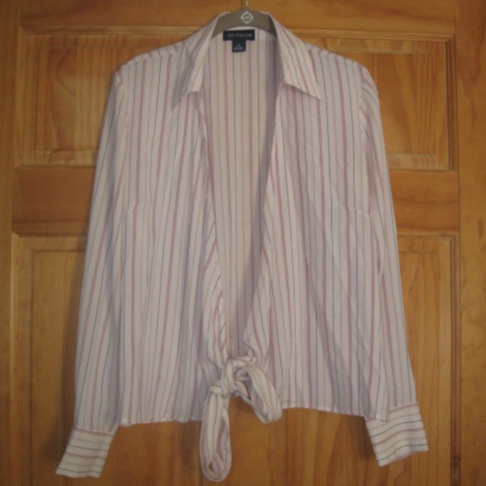 Ann Taylor Pink Striped Tie Front Blouse